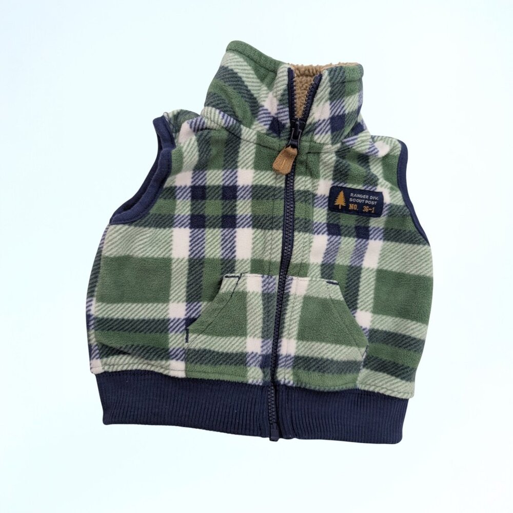 Carter's Baby Boys 3 Months Green Plaid Sherpa Fleece Vest Ranger Scout Zip Up